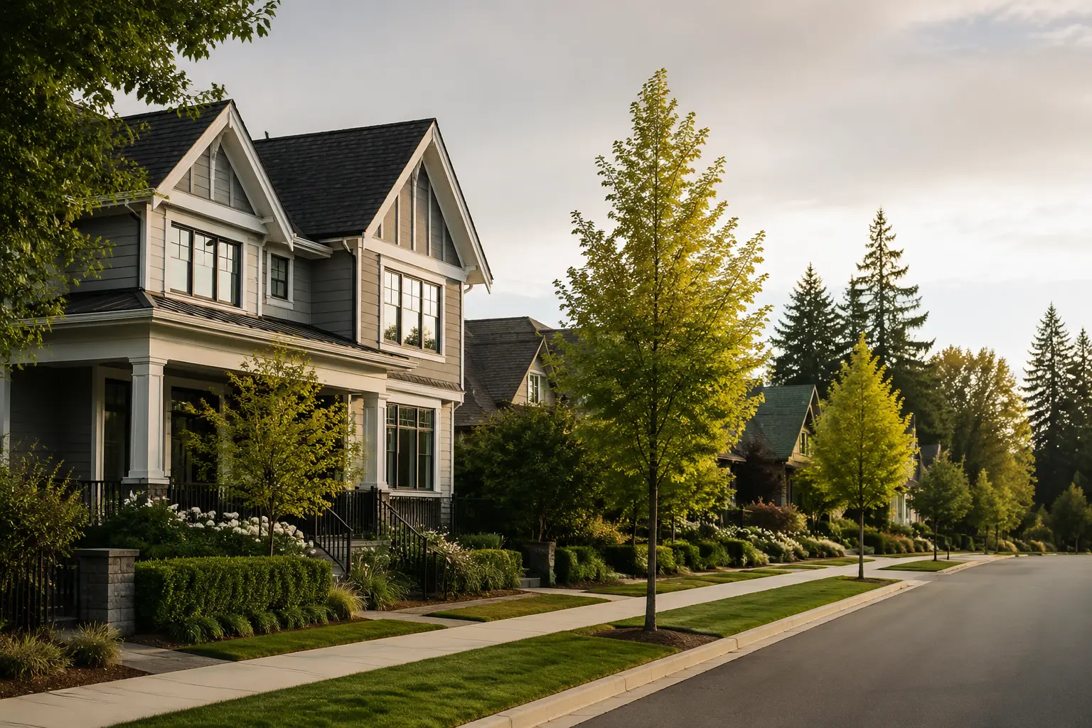 A craftsman home in a quiet Fraser Valley neighbourhood at golden hour
